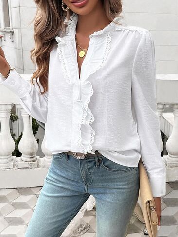 Women's Elegant Blouses Casual Long Sleeve Striped Button Up Work Office Shirts Teacher Fall Ruffle Lace Cute Tops in Saudi Arabia