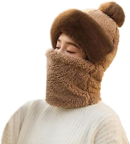 One-Piece Hat Womens Winter Warm Elastic Soft Ear Protection Knitted Scarf Mask Hat Fleece Lined Beanie Hat in Kuwait