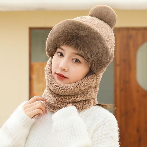 One-Piece Hat Womens Winter Warm Elastic Soft Ear Protection Knitted Scarf Mask Hat Fleece Lined Beanie Hat in Kuwait