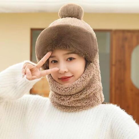 One-Piece Hat Womens Winter Warm Elastic Soft Ear Protection Knitted Scarf Mask Hat Fleece Lined Beanie Hat in Kuwait