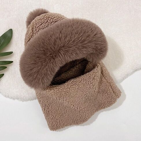 One-Piece Hat Womens Winter Warm Elastic Soft Ear Protection Knitted Scarf Mask Hat Fleece Lined Beanie Hat in Kuwait