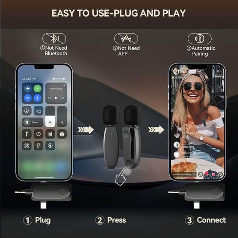 Wireless Lavalier Microphone for iPhone, Mini Microphone, Noise Reduction, 2.4G Ultra-Low Delay | 8-Hour Battery | 48kHz | 66FT Profession Mic for YouTube, Recording, Vlog, TikTok in Saudi Arabia