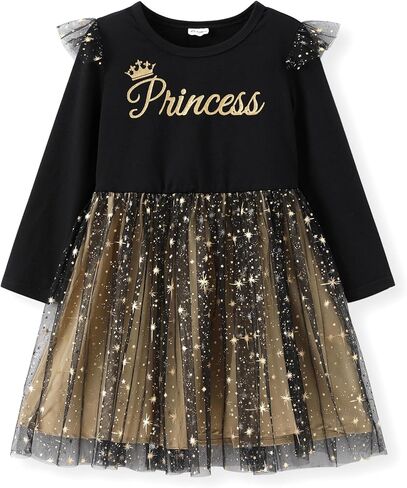 فستان بات بات للفتيات الصغيرات بأكمام طويلة وقميص شبكي لامع مزين بالترتر وتنورة توتو in Kuwait