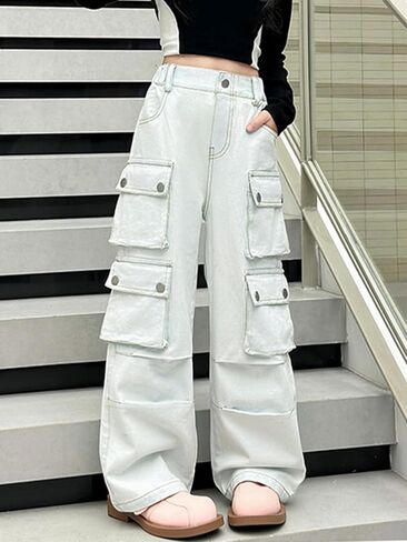 SANGTREE Girls High Waist Baggy Y2k Wide Leg Cargo Pants, 4-14 Years in Kuwait