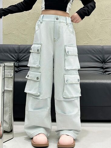 SANGTREE Girls High Waist Baggy Y2k Wide Leg Cargo Pants, 4-14 Years in Kuwait