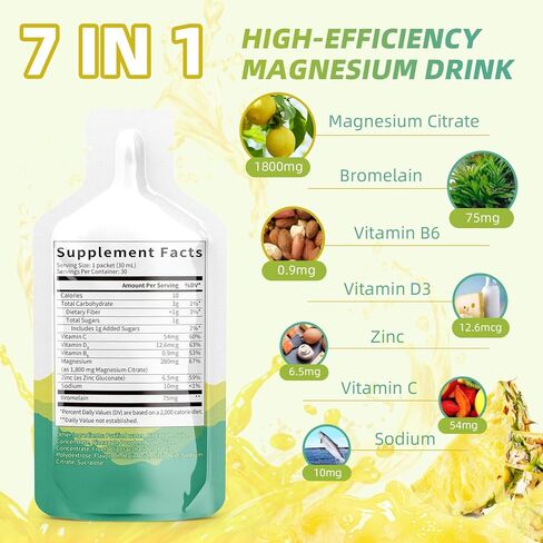 مكمل سائل سيترات المغنيسيوم 1800 مجم، مشروب المغنيسيوم/محلول فموي مع البروميلين وفيتامين والزنك والصوديوم للنوم والعضلات والقلب ودعم الهضم والإمساك، والأناناس، 10 أونصة سائلة (10 قطع) in Kuwait