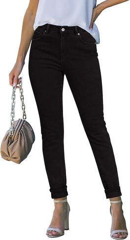 جينز ضيق من Luvamia للنساء عصري بخصر عالٍ وحاشية قابلة للطي بنطال دينم قابل للتمدد مع جيوب in Kuwait