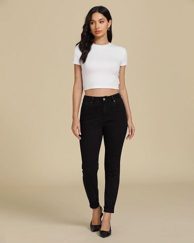 جينز ضيق من Luvamia للنساء عصري بخصر عالٍ وحاشية قابلة للطي بنطال دينم قابل للتمدد مع جيوب in Kuwait