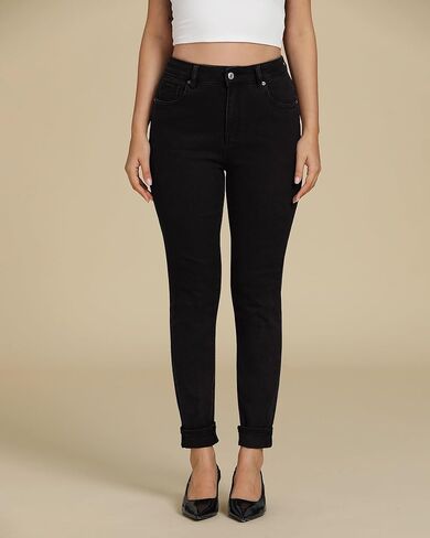 جينز ضيق من Luvamia للنساء عصري بخصر عالٍ وحاشية قابلة للطي بنطال دينم قابل للتمدد مع جيوب in Kuwait