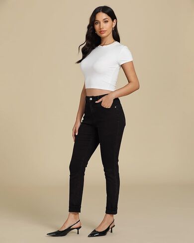 جينز ضيق من Luvamia للنساء عصري بخصر عالٍ وحاشية قابلة للطي بنطال دينم قابل للتمدد مع جيوب in Kuwait