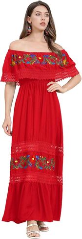 ABAFIP Women's Mexican Embroidered Dress Off Shoulder Floral Embroidery Lace Present Fiesta Midi Dresses in Saudi Arabia