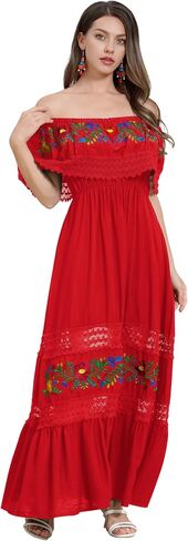 ABAFIP Women's Mexican Embroidered Dress Off Shoulder Floral Embroidery Lace Present Fiesta Midi Dresses in Saudi Arabia