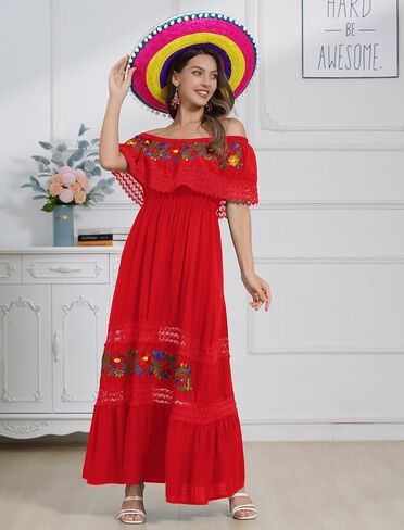 ABAFIP Women's Mexican Embroidered Dress Off Shoulder Floral Embroidery Lace Present Fiesta Midi Dresses in Saudi Arabia