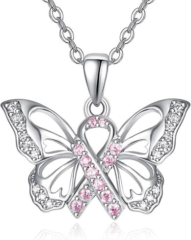 TANGPOET Cancer Necklace Gifts for Women 925 Sterling Silver Cancer Awareness Butterfly Pendant Necklace Jewelry Strength Inspirational Gifts for Cancer Survivors with 18"+2" Chain in Kuwait