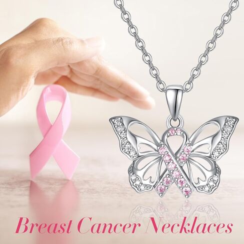 TANGPOET Cancer Necklace Gifts for Women 925 Sterling Silver Cancer Awareness Butterfly Pendant Necklace Jewelry Strength Inspirational Gifts for Cancer Survivors with 18"+2" Chain in Kuwait