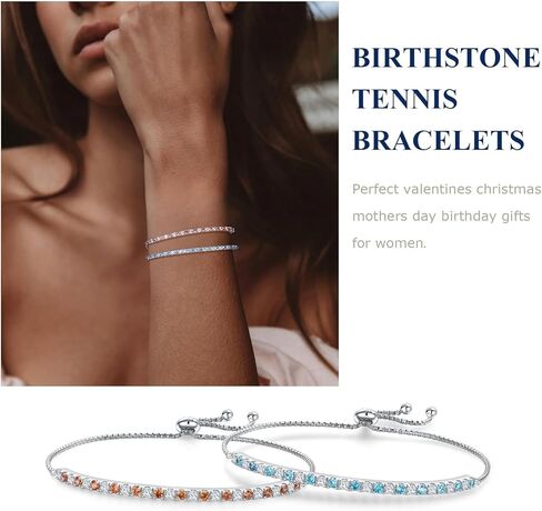 Moissanite Tennis Bracelet, Birthstone Bracelets for Women 14K White Gold Plated Sterling Silver 2mm Multicolor Adjustable Tennis Bracelets for Women, Size 7.25" in Kuwait