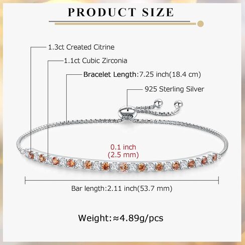 Moissanite Tennis Bracelet, Birthstone Bracelets for Women 14K White Gold Plated Sterling Silver 2mm Multicolor Adjustable Tennis Bracelets for Women, Size 7.25" in Kuwait