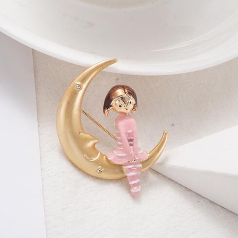 Gold Moon Sun Brooch Pin Vintage Moon Sun Face Lapel Pin Dainty Half Moon with Flaming Sun Safty Pin Fairy Planet Badges for Hat Bag Pants in Saudi Arabia