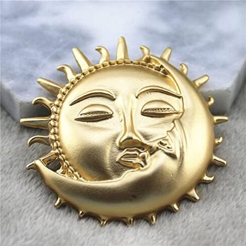 Gold Moon Sun Brooch Pin Vintage Moon Sun Face Lapel Pin Dainty Half Moon with Flaming Sun Safty Pin Fairy Planet Badges for Hat Bag Pants in Saudi Arabia