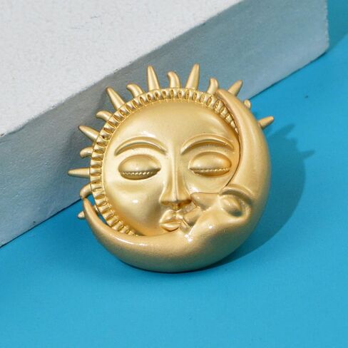 Gold Moon Sun Brooch Pin Vintage Moon Sun Face Lapel Pin Dainty Half Moon with Flaming Sun Safty Pin Fairy Planet Badges for Hat Bag Pants in Saudi Arabia