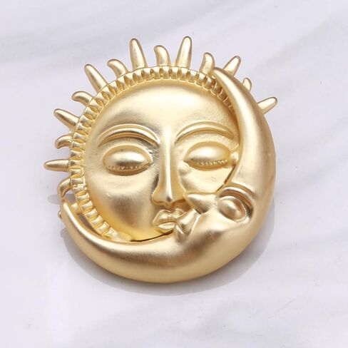 Gold Moon Sun Brooch Pin Vintage Moon Sun Face Lapel Pin Dainty Half Moon with Flaming Sun Safty Pin Fairy Planet Badges for Hat Bag Pants in Saudi Arabia