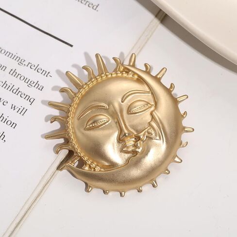 Gold Moon Sun Brooch Pin Vintage Moon Sun Face Lapel Pin Dainty Half Moon with Flaming Sun Safty Pin Fairy Planet Badges for Hat Bag Pants in Saudi Arabia