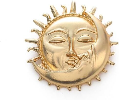Gold Moon Sun Brooch Pin Vintage Moon Sun Face Lapel Pin Dainty Half Moon with Flaming Sun Safty Pin Fairy Planet Badges for Hat Bag Pants in Saudi Arabia