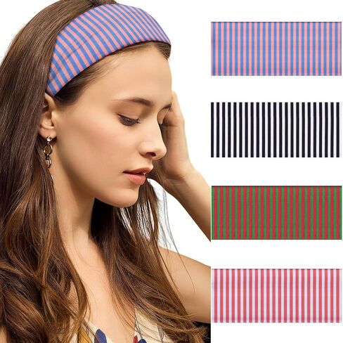 4pcs Headbands for Women Striped Wide Head Bands for Women's Hair Non Slip Wraps Elastic Stretchy Fashion Bandanas Workout Yoga Running Hair Bands for Women's Hair Accessories in Kuwait