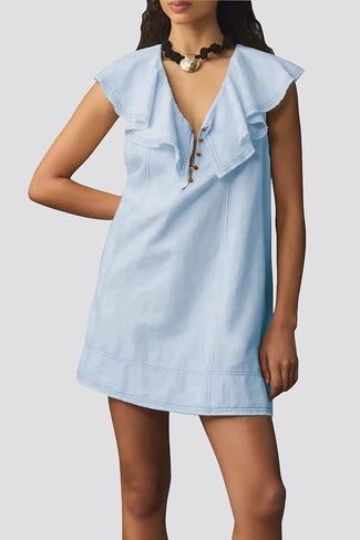 Ladyful Women's Summer Sleeveless Mini Dress Casual Loose V Neck Shirt Dress Ruffle Shift Dress in Saudi Arabia