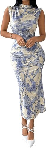Women's Floral Print Midi Bodycon Dresses Split Thigh Ruched Mock Neck Fitted Tank Dress in Saudi Arabia