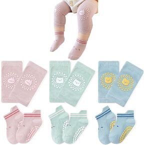 Baby Knee Pads for Crawling (3 Pairs) and Baby Socks for Walking (3 Pairs), Walking Protector For Toddler Girl Boy 1-3