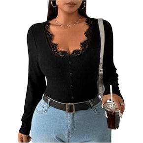 SOLY HUX Women's Plus Size Lace V Neck Long Sleeve T-Shirts Button Slim Fit Going Out Tee Tops