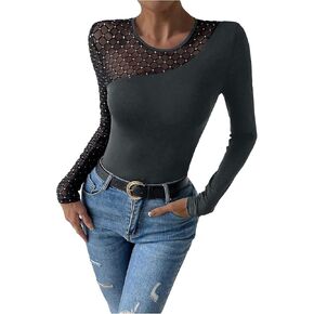 SweatyRocks Women's Sequin Sheer Mesh Long Sleeve T Shirts Round Neck Slim Fit Casual Tee Top