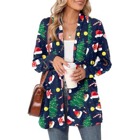 Micoson Xmas Print Long Sleeve Lightweight Cardigan for Women Ugly Christmas Cute Loose Fit Coat with Pockets
