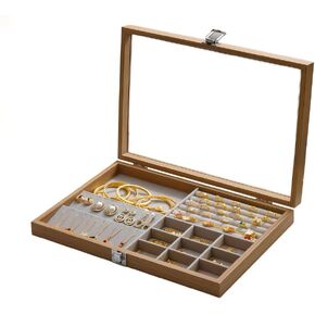 Jewelry Box,Multi-Functional Jewelry Storage Box, Jewelry Tray Wooden Jewelry Organizer with Clear Lid Vintage Jewelry Box Jewelry Display Case for Women (Dark Brown, Square)