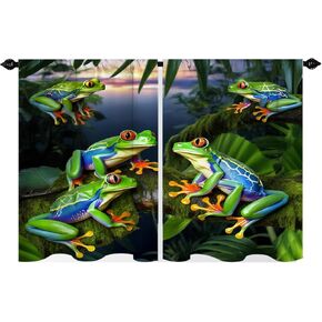 Tropical Forest Frog Kitchen Curtains Green Leaves Jungle Animal Rod Pocket Nature Living Room Bedroom Bathroom Cafe Small Window Drape Polyester Fabric 2 Panels 27.5W x 39H Inches