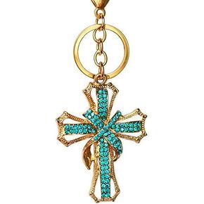 JewelBeauty Blessed & Holy Cross Keychain Keyring Crystal Rhinestones Car Bag Purse Charm Pendant (Blue)