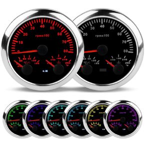 WATERWICH 85mm 7 Colors 3 in 1 Car Meter Tachometer 8000 RPM + Oil Pressure Gauge + Water Temperature Gauge 100°F-250°F for Truck Boat Vehicle Marine (Black Plate Silver Cover)