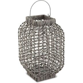 Signature Design by Ashley Evonne 14" Indoor/Outdoor Casual Square Faux Rattan Lantern for One 3" Pillar Candle, Light Gray