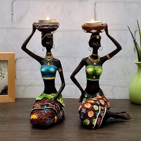 2 Pack African Women Sculpture,8.5in Black Tribal Lady Figure Figurine Candle Holder African American Women Statue Collectible Art Crafts Home Centerpieces Tabletop Ornaments Decoration Candleholder