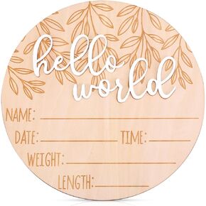 Birth Announcement Sign, Wooden Hello World Newborn Sign Baby Announcement Plaque Newborn Baby Name Board for Photo Props Baby Shower Hospital Nursery