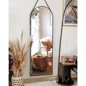Full Length Mirror, Arched Wall Mirror, Full Length Body Mirror, Wall Mounted Mirror with Hanging Leather Strap, Wall Mirror Full Length for Bathroom Living Room Entryway Decor(16"x48"Black)