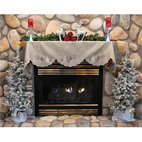 Embroidered Christmas Holiday Reindeer & Christmas Scene on Light Grey Fireplace Mantel Scarf Large Window Valance Mantel Decor (18Lx88W)