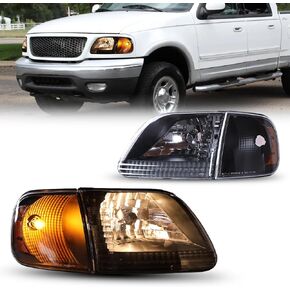 ROXX Headlights w/Corner Lights Assembly for 1997-2003 Ford F150 and 1997-2002 Ford Expedition/For 1997-1999 Ford F250 Light Duty, F150 Headlights Pair w/Chrome Reflector High Low Beam (Black)