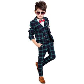 Gele Boy 4 Pieces Plaid Formal Suit Set,Vest+Pants+Blazer+Bow Tie