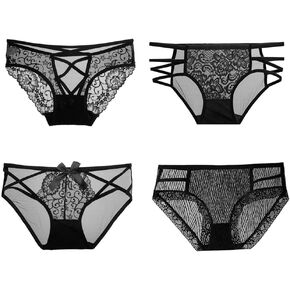 Womens Black Lace Panties Ladies 4 Pack Sexy Criss Cross Strappy Midnight Underwear