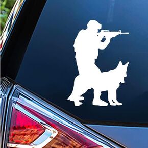 Military Soldier K9 Working Service Dog Decal Vinyl Sticker 5.5x4 Inches Waterproof US Army Decals Vehicles Cars Vans Trucks Laptops Doors Windows White Not Printed