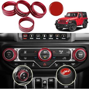 5PCS Air Conditioner Headlight Center Consoles Switch Knob Cover Trim for Jeep Wrangler JL JLU 2018-2025 Gladiator JT 4XE with 1PC Sticker of Shift Lever Accessories Red Aluminum Alloy