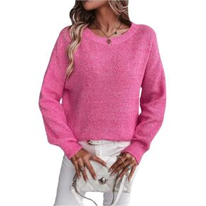 MakeMeChic Women's Knitted Pullover Tops Round Neck Drop Shoulder Long Sleeve Sweater Knit Top