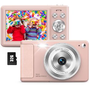 56MP Digital Camera, FHD 1080P Point & Shoot Camera with 32GB SD Card, 2 Batteries, and Lanyard, Ideal for Kids & Teens, Suitable Gift for Girls